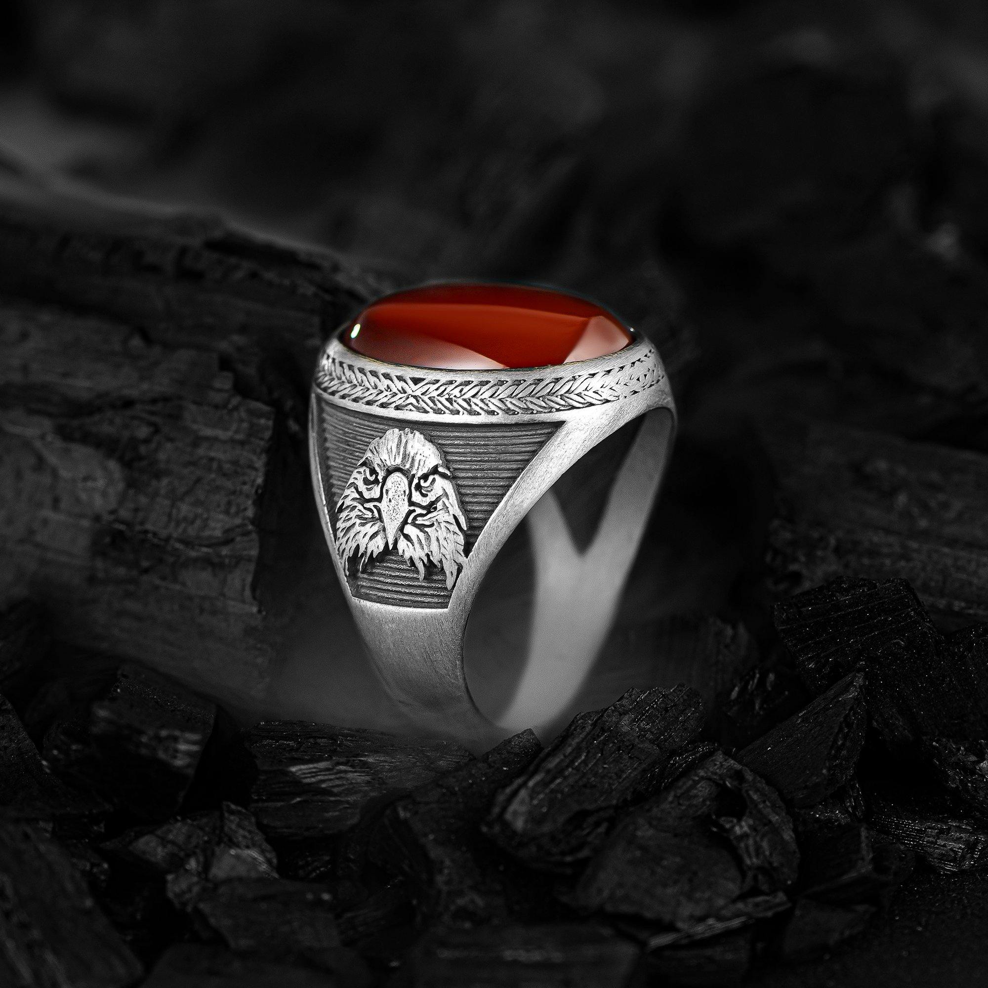 Handmade Red Agate Gemstone Wild Eagle Men Ring | American Eagle Ring - OXO SILVER