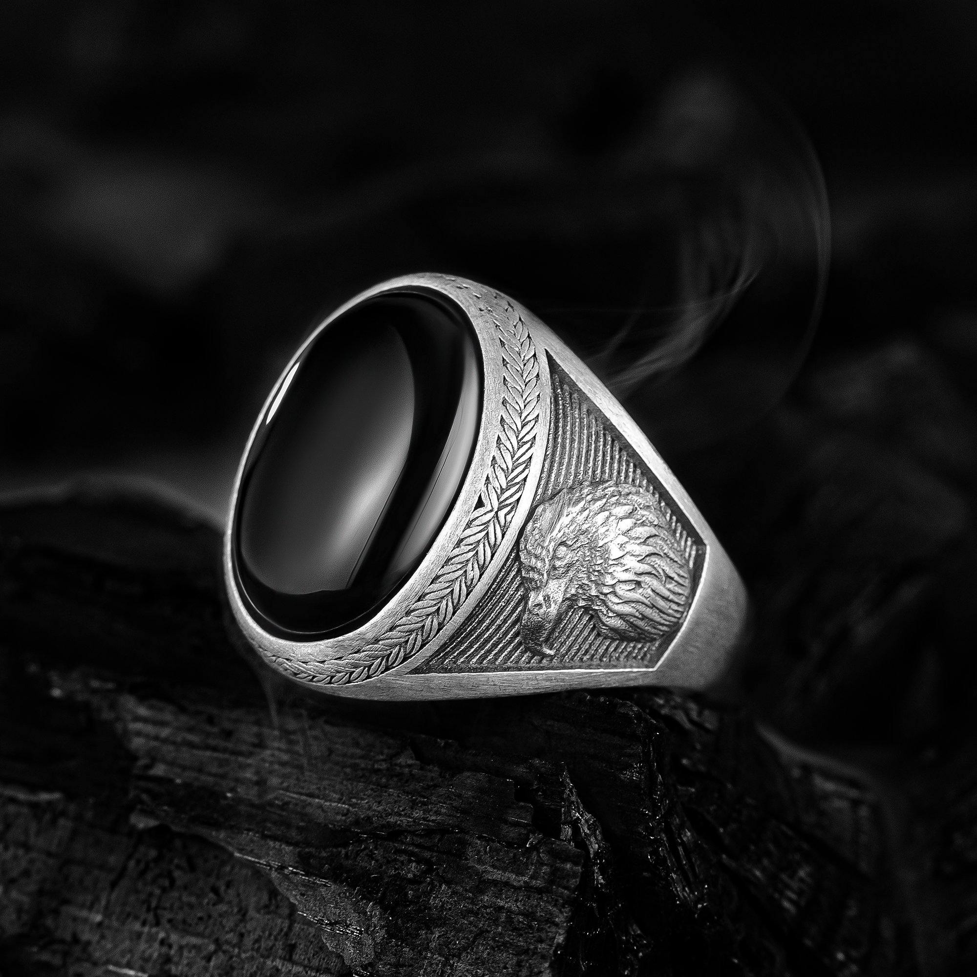 Handemade Oval Gemstone Ring | Eagle Head Oxidized Ring - OXO SILVER
