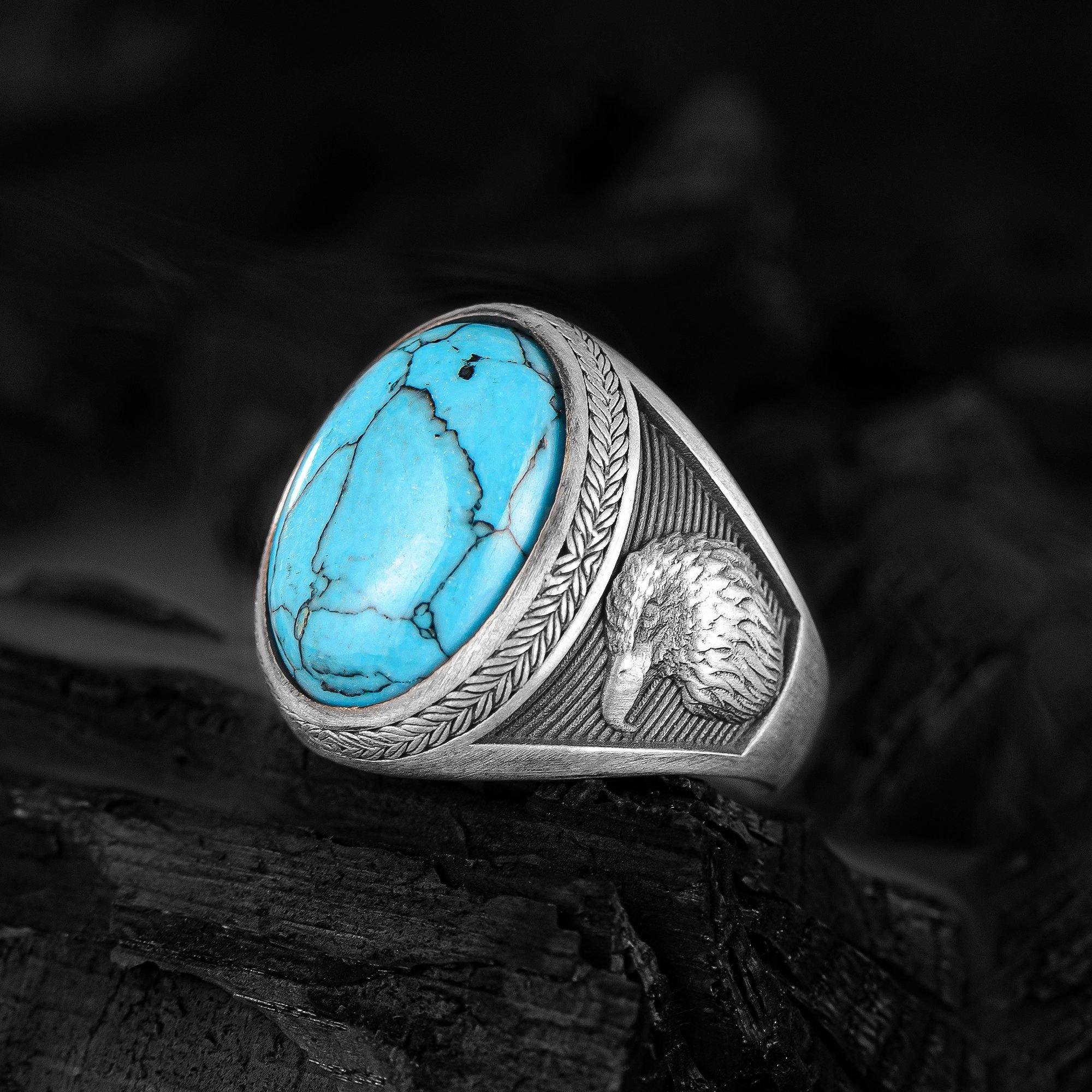 Mens Eagle Ring, Oval Turquoise Men Ring, American Eagle Head Ring - OXO SILVER