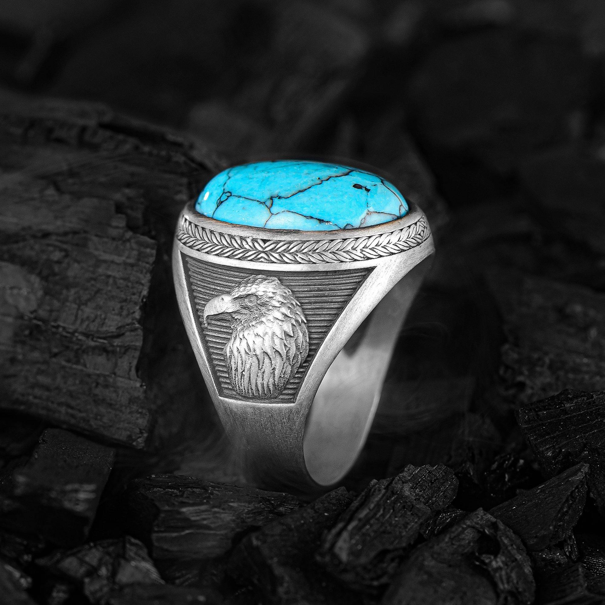 Mens Eagle Ring, Oval Turquoise Men Ring, American Eagle Head Ring - OXO SILVER
