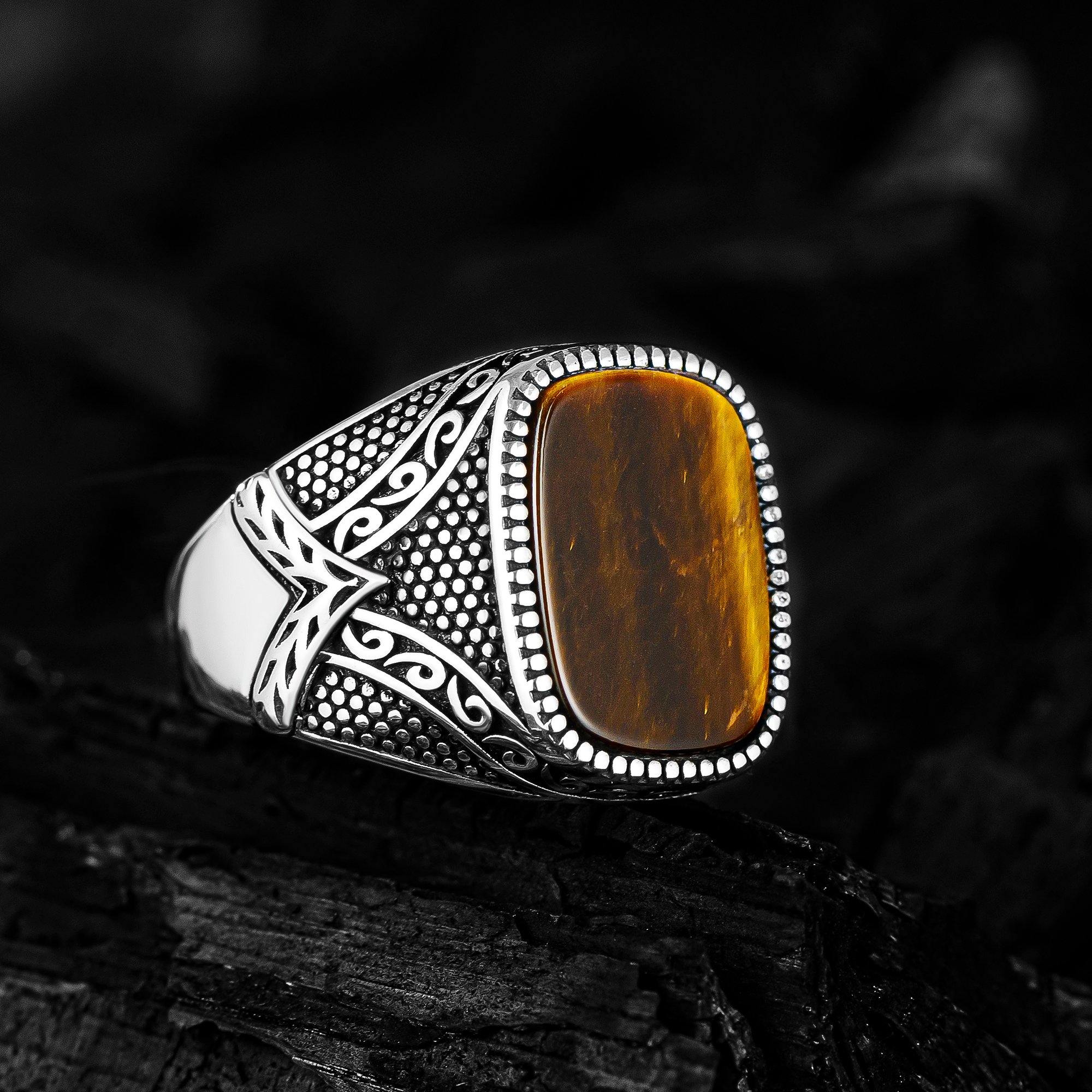 Arrow Design 925 Silver Men Ring, Black White Agate Stone Ring - OXO SILVER