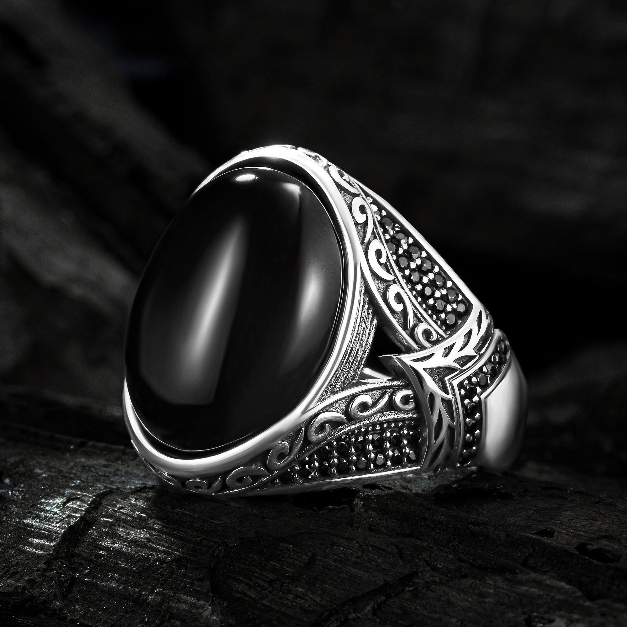Black Onyx and Zircon Gemstone Ring, Mens Handmade Ring