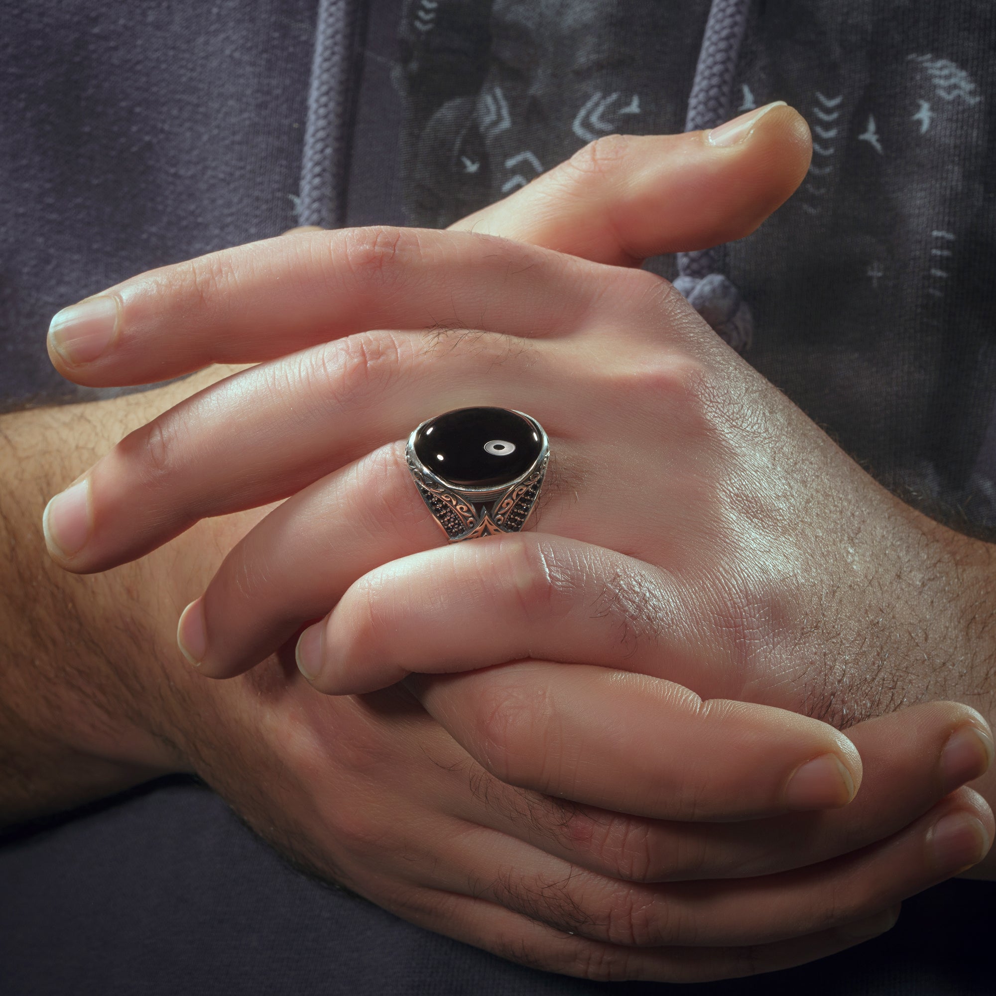 Black Onyx and Zircon Gemstone Ring, Mens Handmade Ring