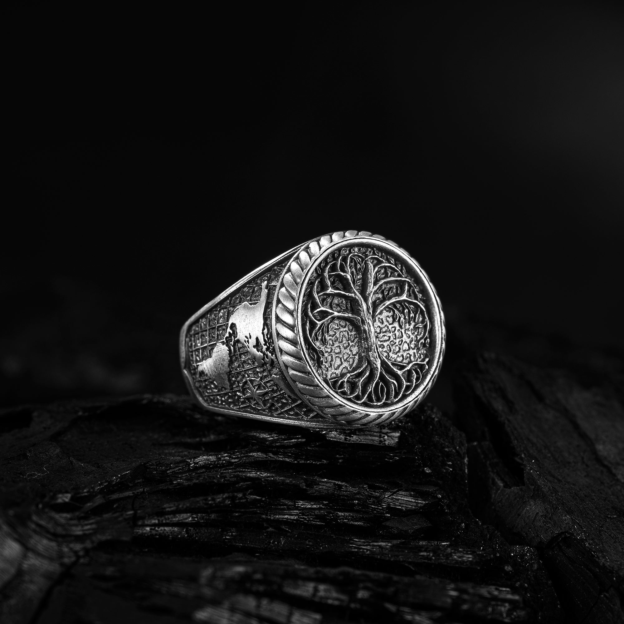 Yggdrasill Tree Of Life Family Tree Rings, World Map and Tree of Life Men's Ring,Silver Men's Ring