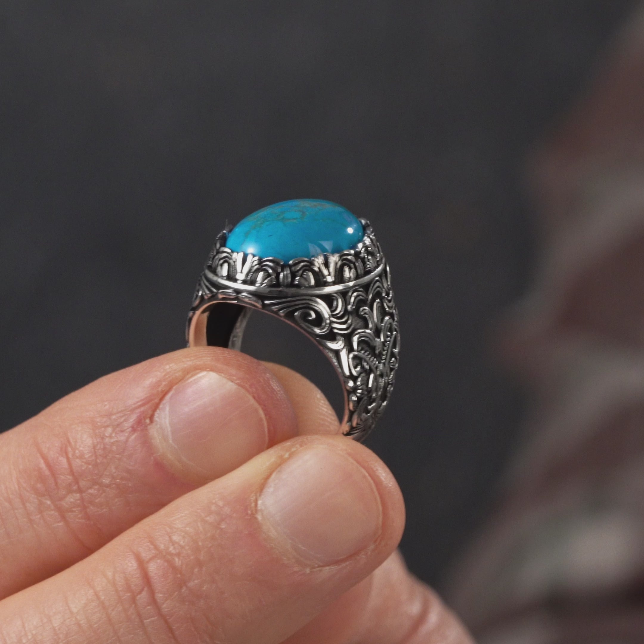 Baroque Motif Turquoise Stone Men's Ring, Useful Stone Silver Men's Ring