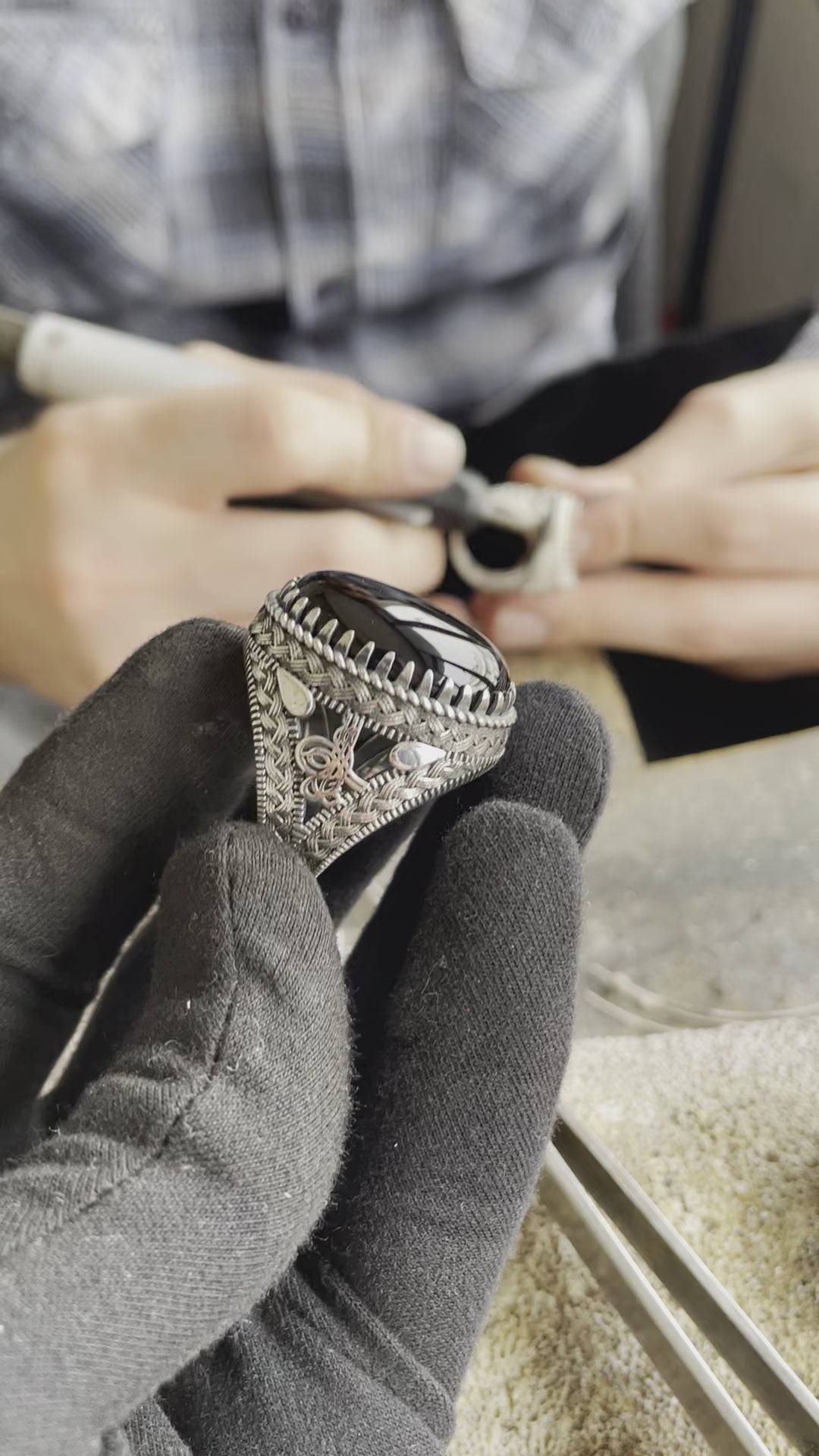 Black Onyx Mens Handmade Ring, Oval Stone Vintage Ring