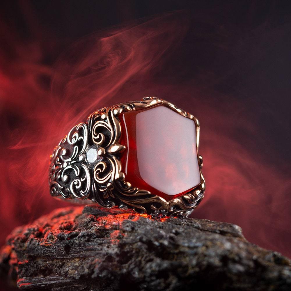 Red Gemstone Ring, Mens Handmade Ring, 925 Sterling Silver Ring