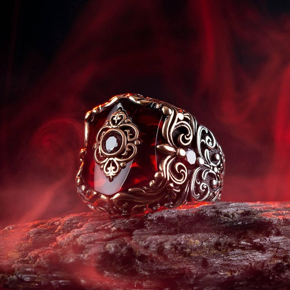 Red Zircon Gemstone Silver Ring, Fleur de Lis Men and Women Ring - OXO SILVER