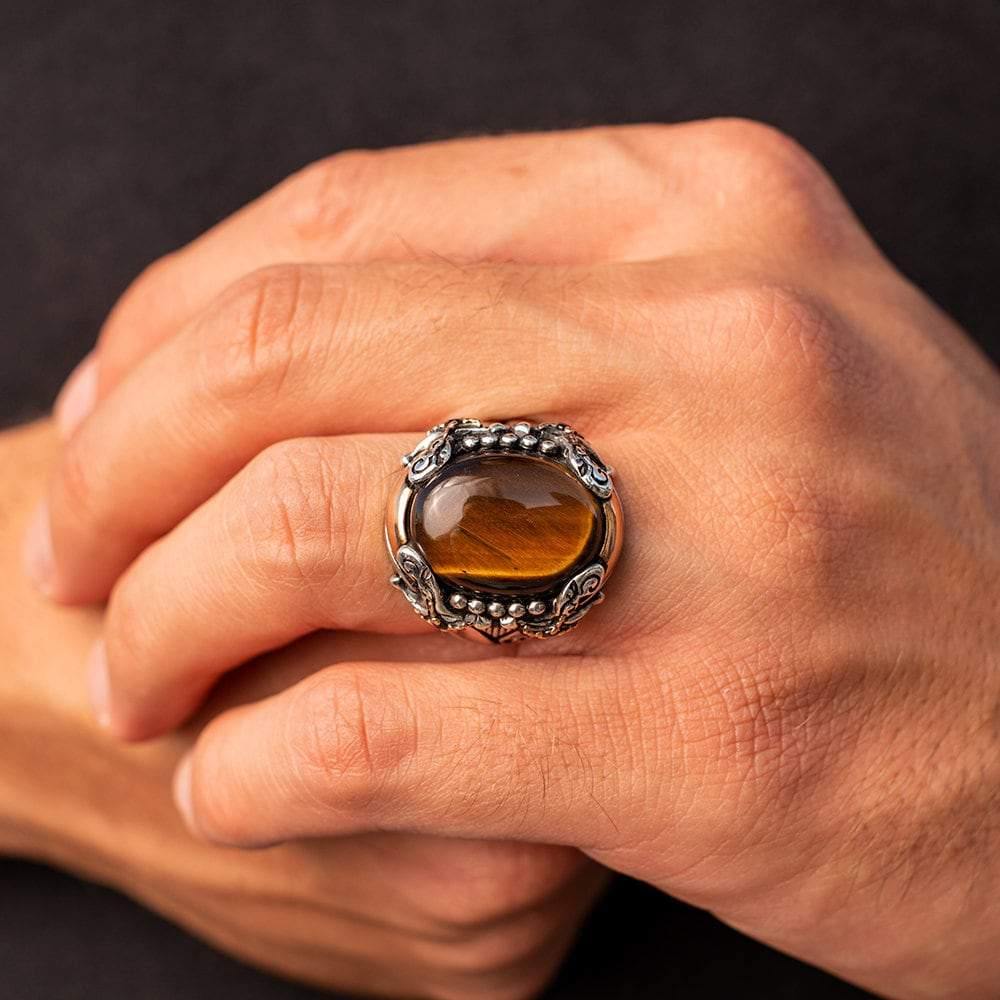 Tiger Eye Gemstone Mens Handmade Ring, Vintage Sword Style Gift for Him - OXO SILVER
