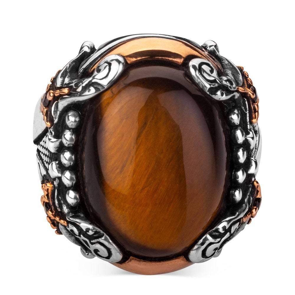 Tiger Eye Gemstone Mens Handmade Ring, Vintage Sword Style Gift for Him - OXO SILVER