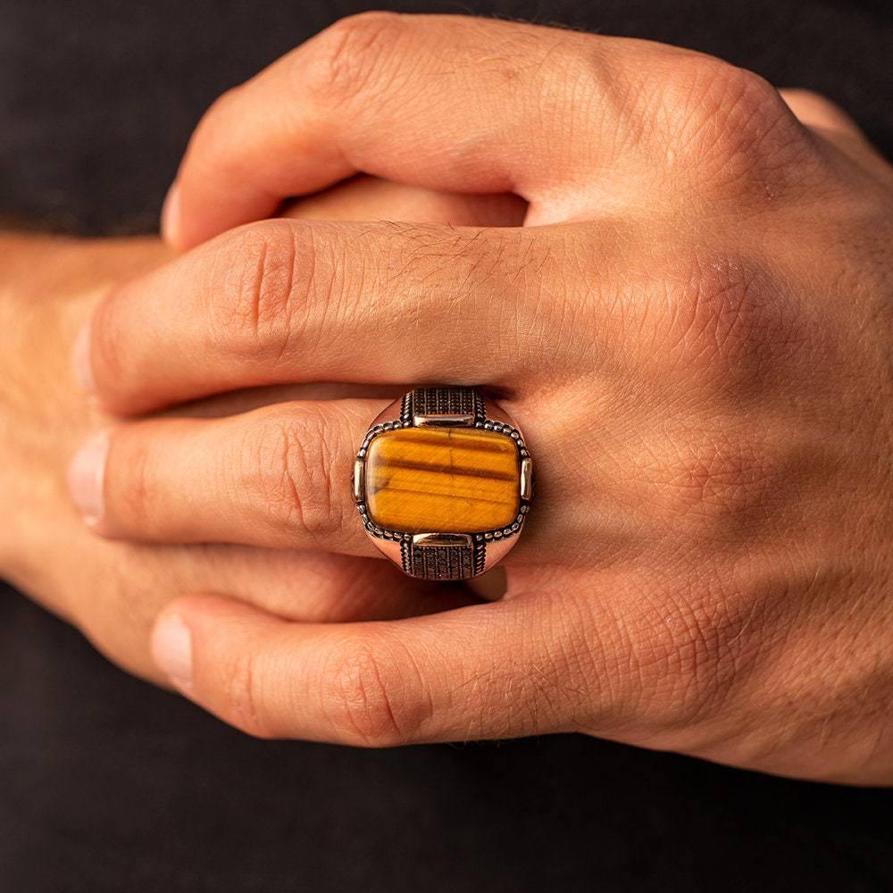 Tiger's Eye Gemstone Mens Ring, Vintage Style Gift - OXO SILVER