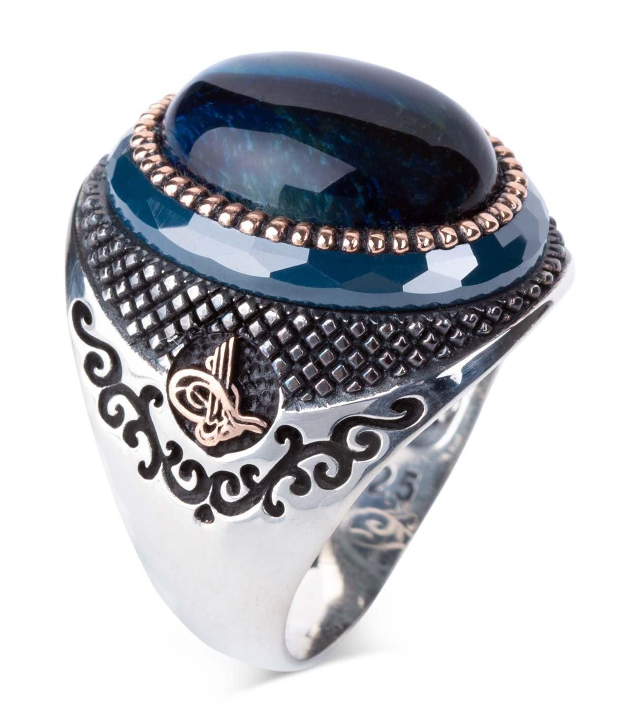 Blue Tiger's Eye Gemstone Sterling Silver Ring, Mens Handmade Ring - OXO SILVER