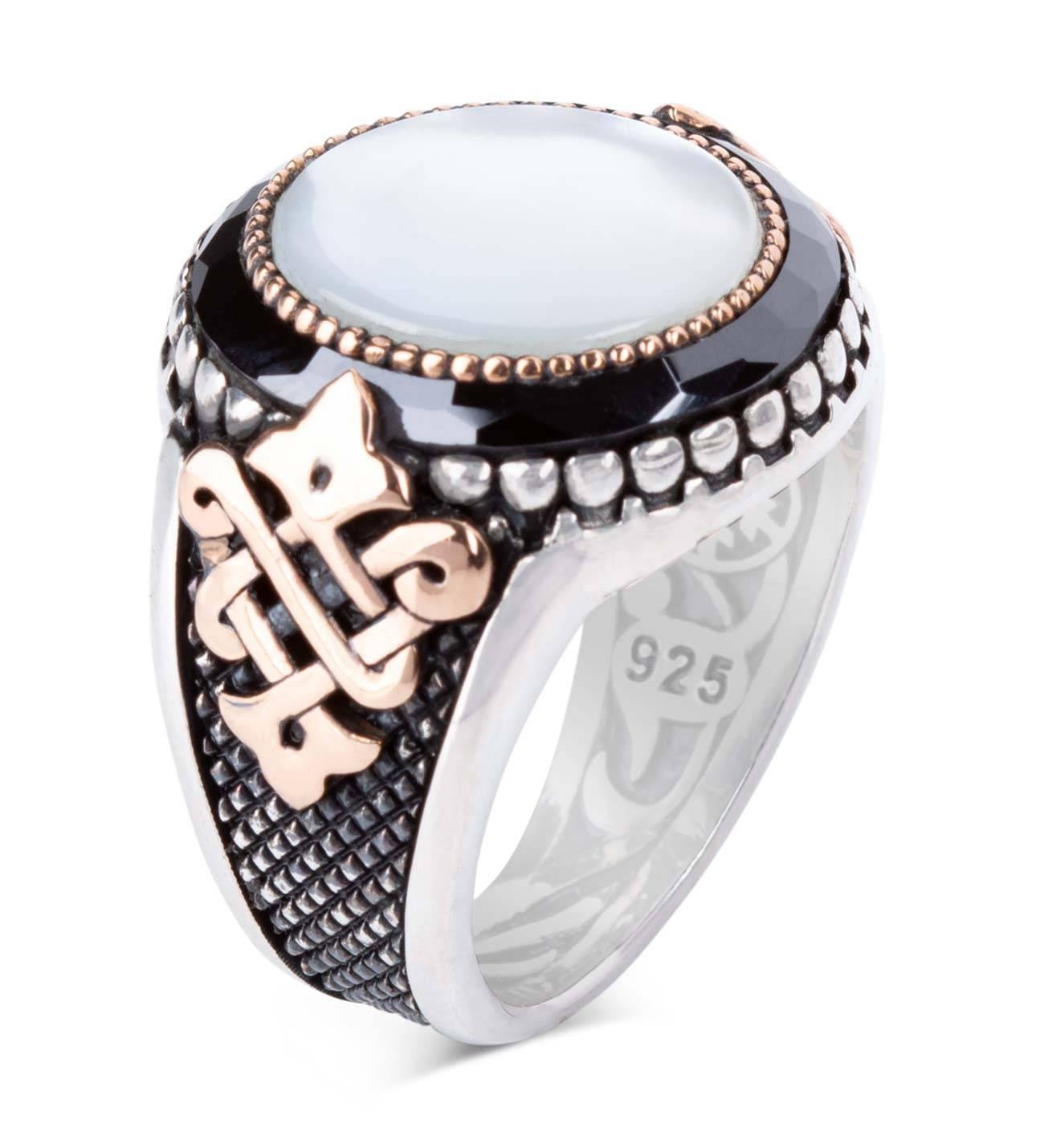 Mother of Pearl Stone Silver Mens Ring - OXO SILVER