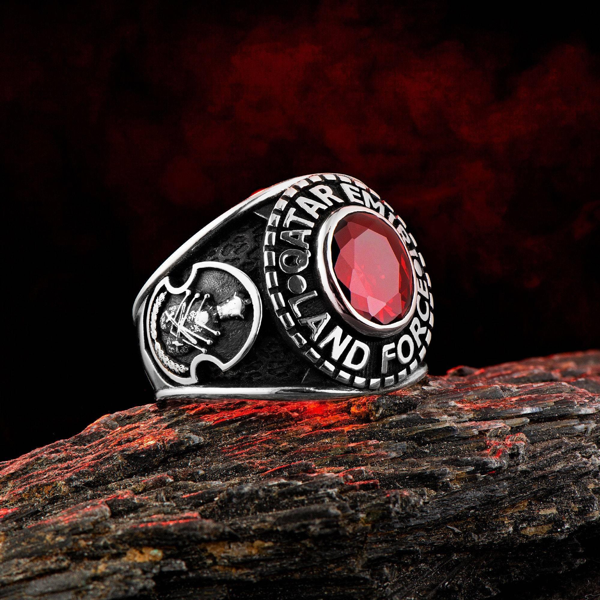 Qatar Emiri Land Force Men's Silver Ring, Military Rings with Red Zircon Gemstone Ring - OXO SILVER