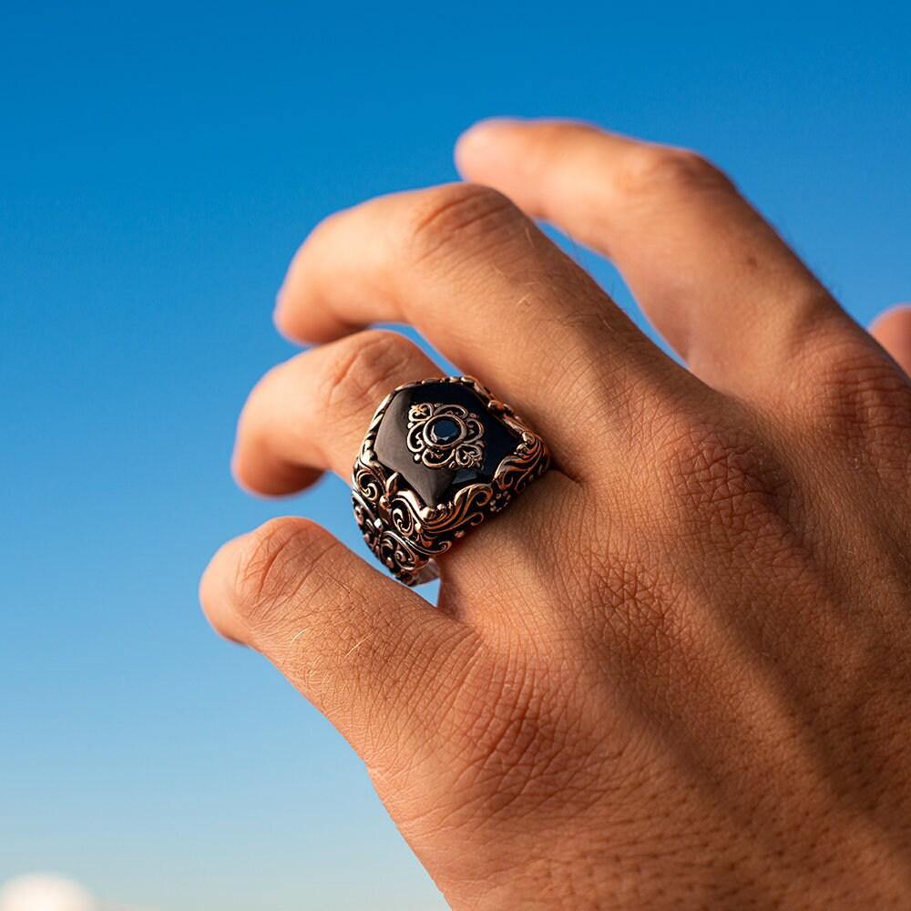 Fleur de Lis Black Onyx Ring, 925k Sterling Gemstone Silver Ring - OXO SILVER