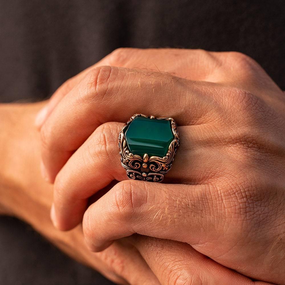 Green Aqeeq Gemstone Ring,  Mens Handmade Ring, 925 Sterling Silver Ring - OXO SILVER