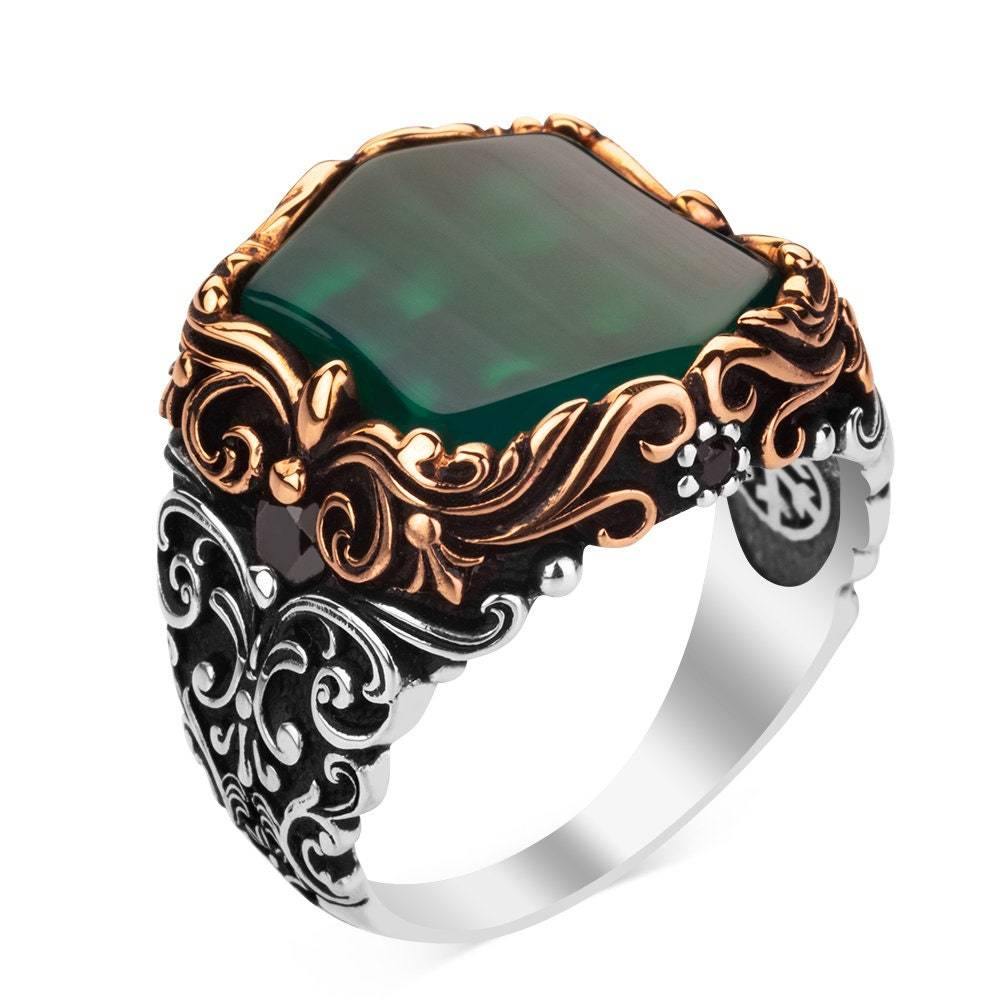 Green Aqeeq Gemstone Ring,  Mens Handmade Ring, 925 Sterling Silver Ring - OXO SILVER