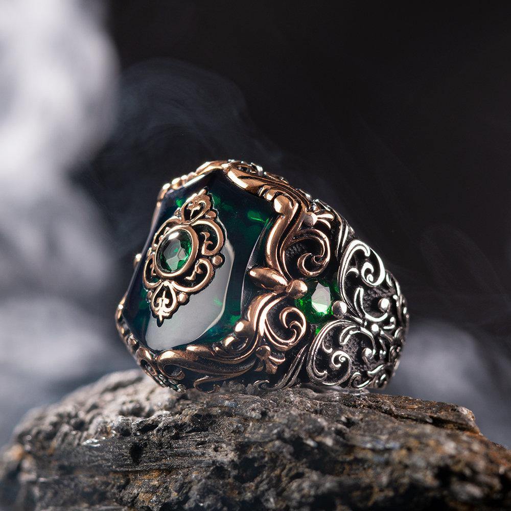 Green Zircon Men Ring, Fleur de Lis Silver Ring1