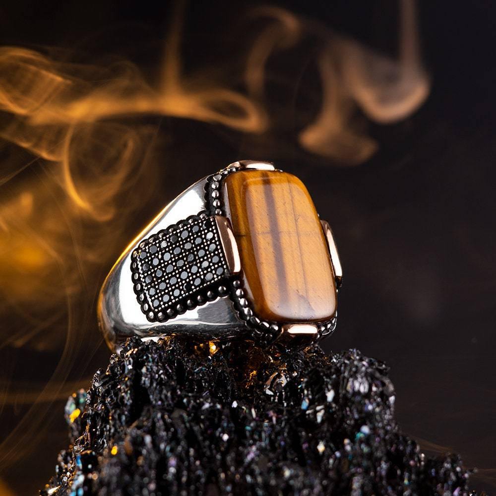 Tiger's Eye Gemstone Mens Ring, Vintage Style Gift - OXO SILVER