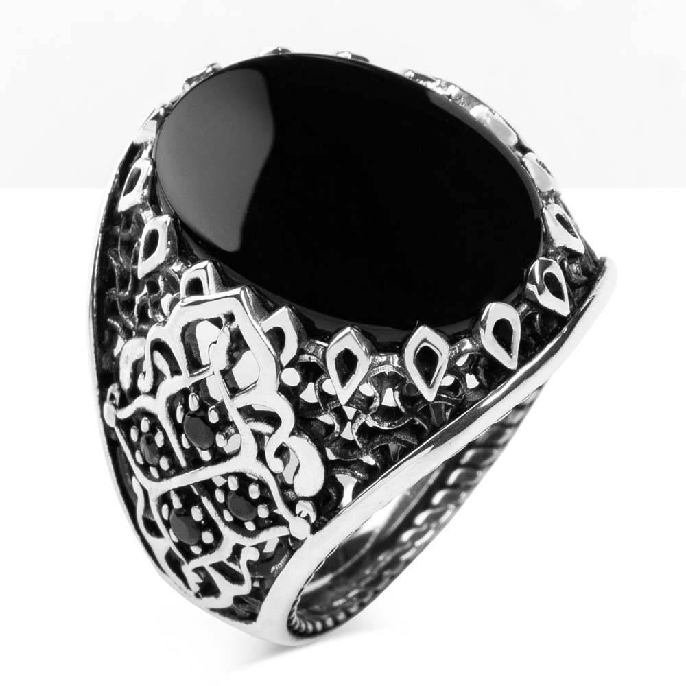 Black Onyx Gemstone Ring, Mens Handmade Ring, 925 Sterling Silver Ring - OXO SILVER
