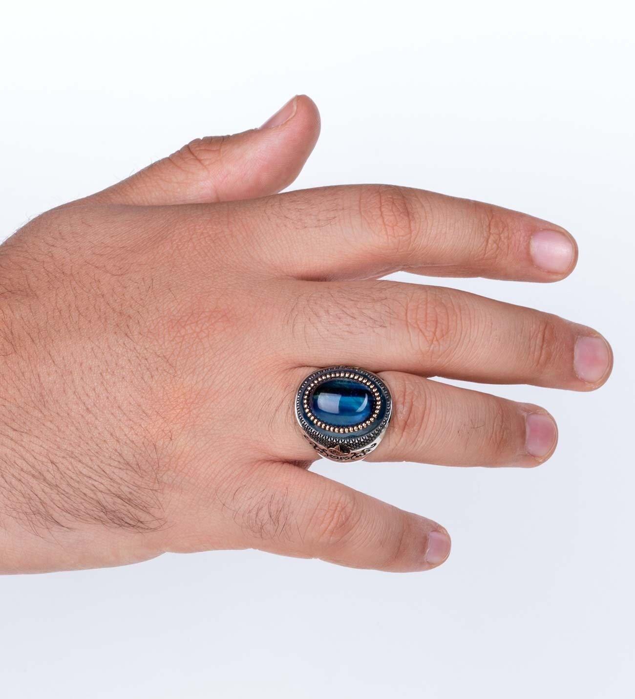 Blue Tiger's Eye Gemstone Sterling Silver Ring, Mens Handmade Ring - OXO SILVER