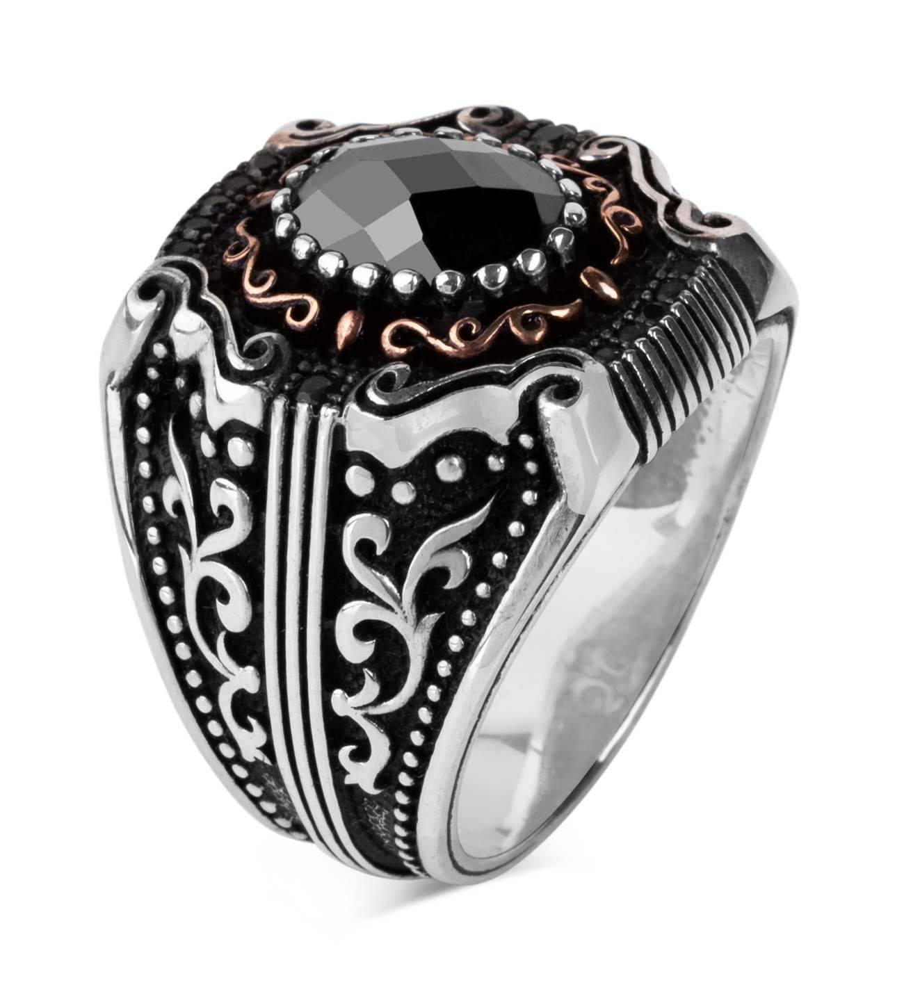 Black Zirkon Gemstone Men Silver Ring, 925 Sterling Silver Mens Handmade Ring - OXO SILVER