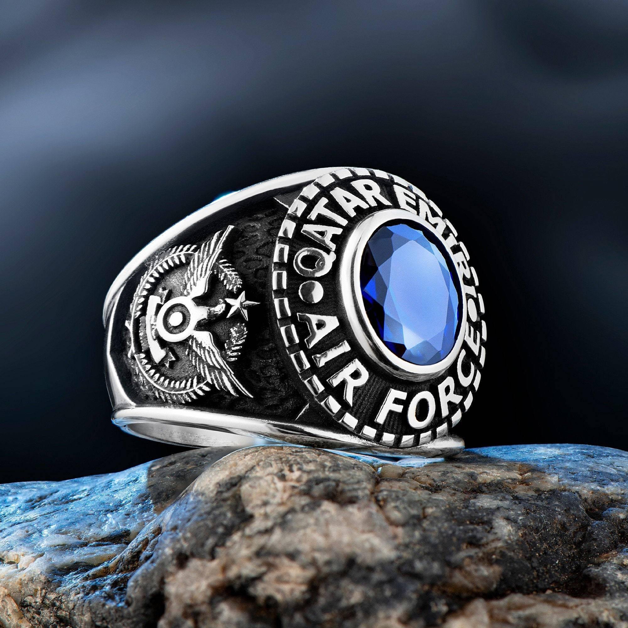 Qatar Emiri Air Force Ring, Military Rings with Blue Zircon Gemstone - OXO SILVER
