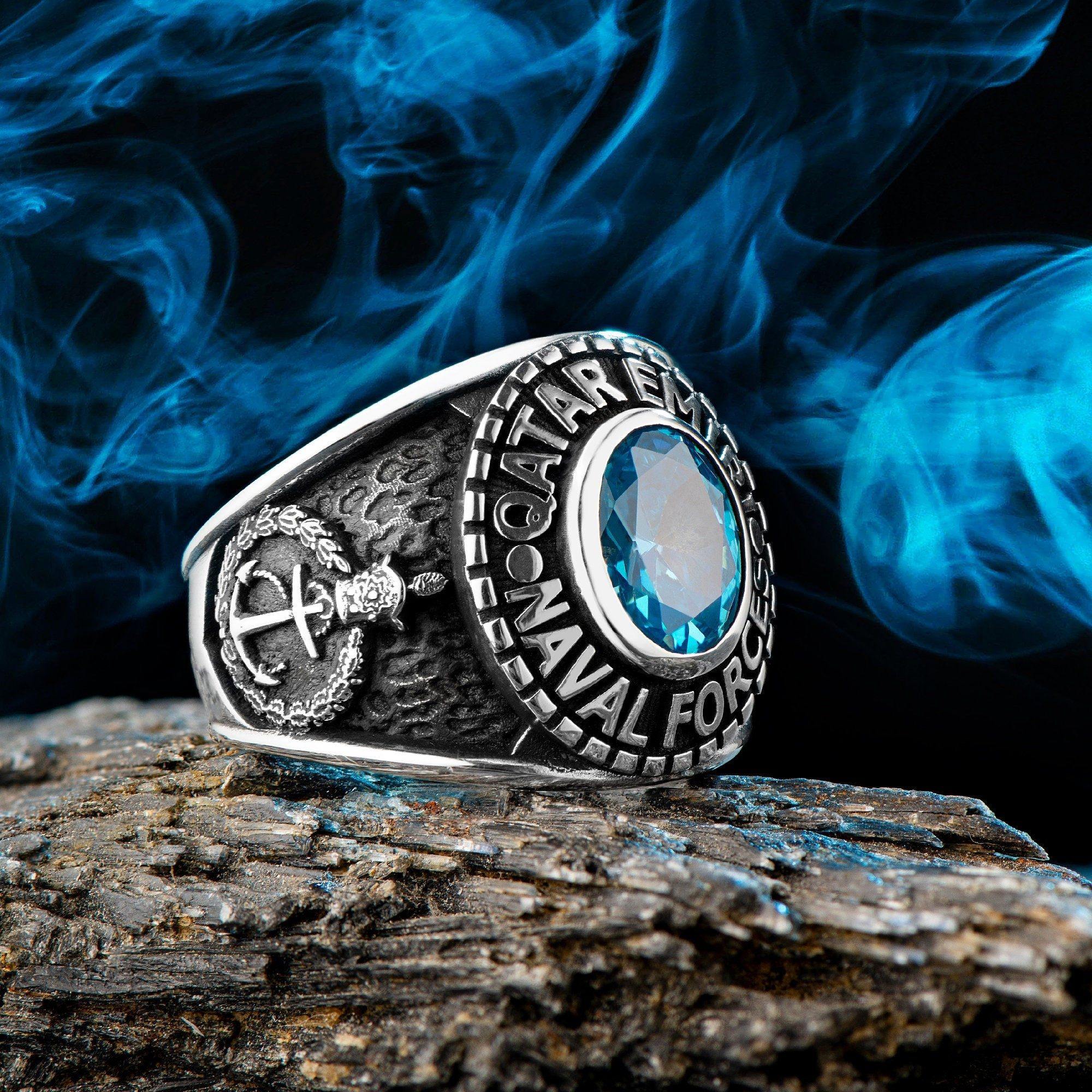 Qatar Emiri Naval Force Ring, Military Rings with Blue Zircon Gemstone - OXO SILVER