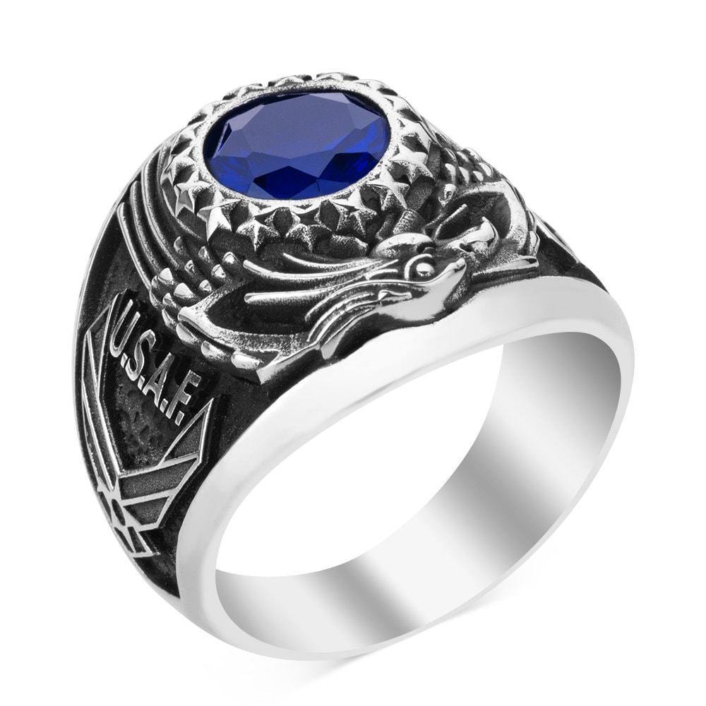 US Air Force Military Ring, USAF Blue Zircon Gemstone Ring - OXO SILVER