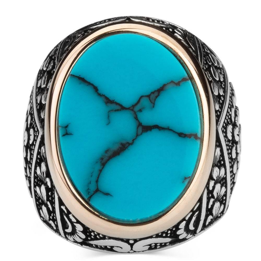 Turquoise Gemstone Ring, Men Vintage Ring - OXO SILVER