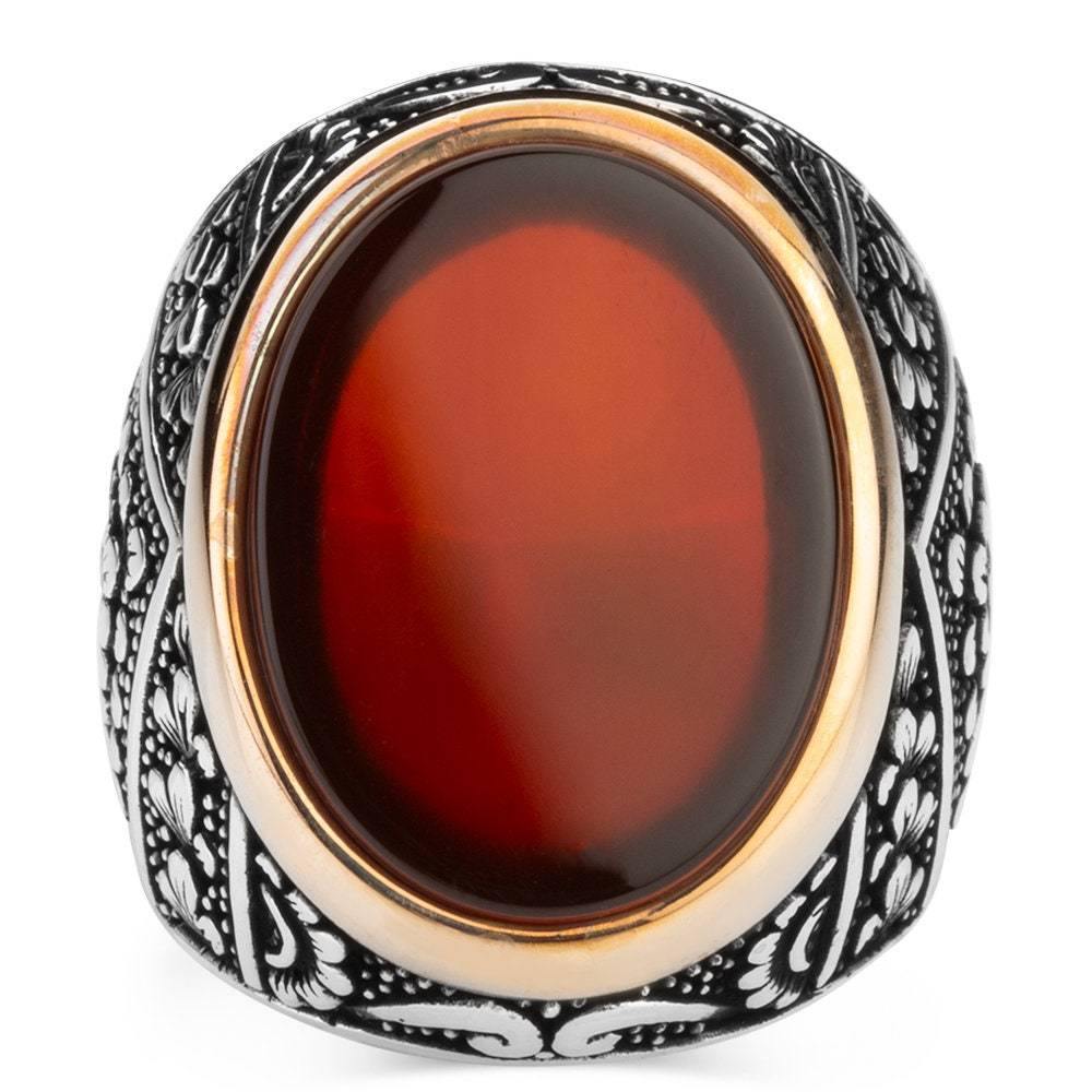 Red Agate Gemstone Ring, Men Sterling Silver Ring - OXO SILVER