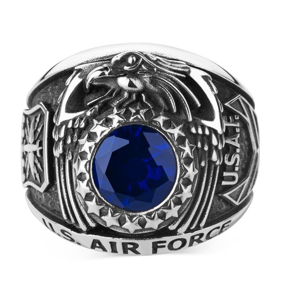 US Air Force Military Ring, USAF Blue Zircon Gemstone Ring - OXO SILVER