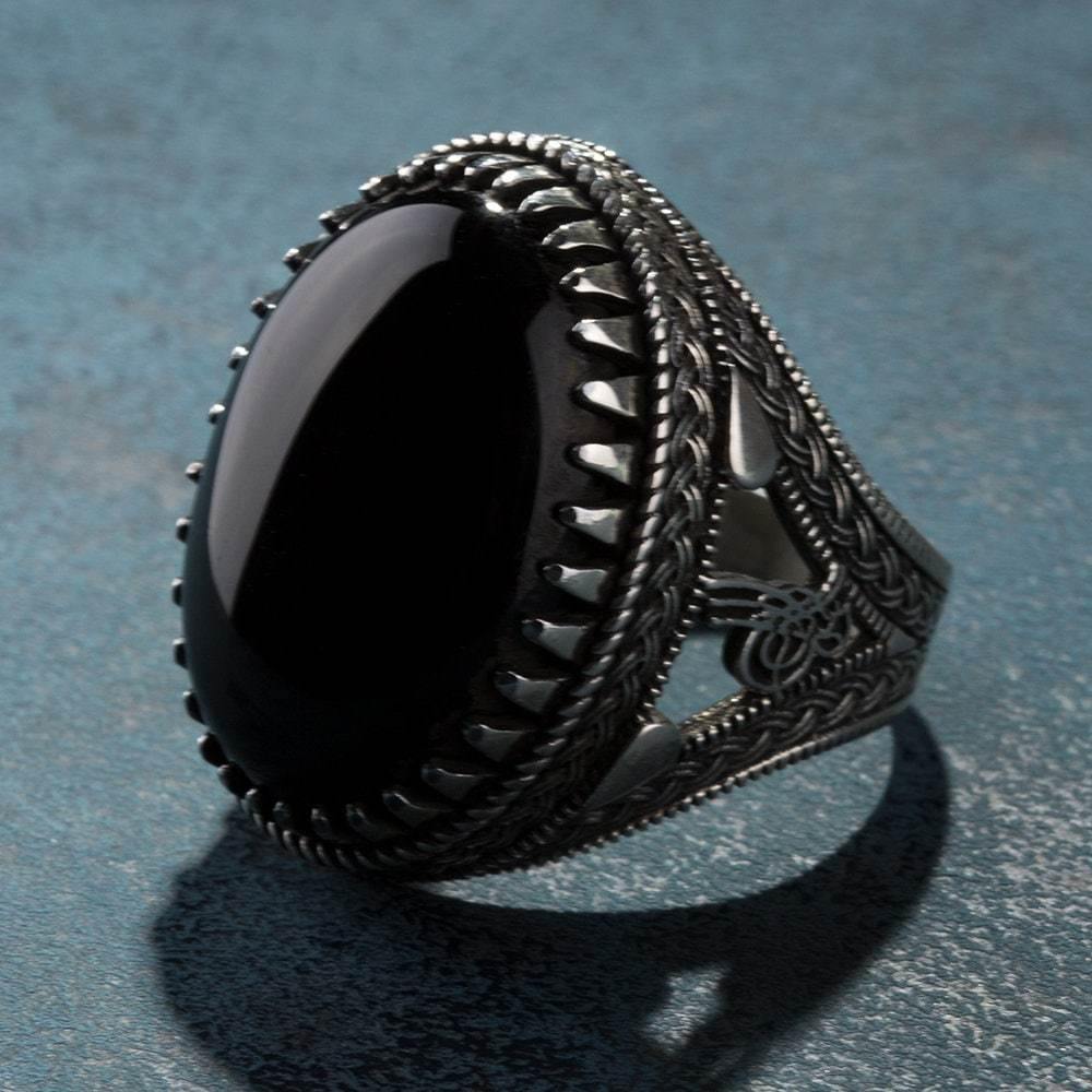 Black Onyx Mens Handmade Ring, Oval Stone Vintage Ring - OXO SILVER