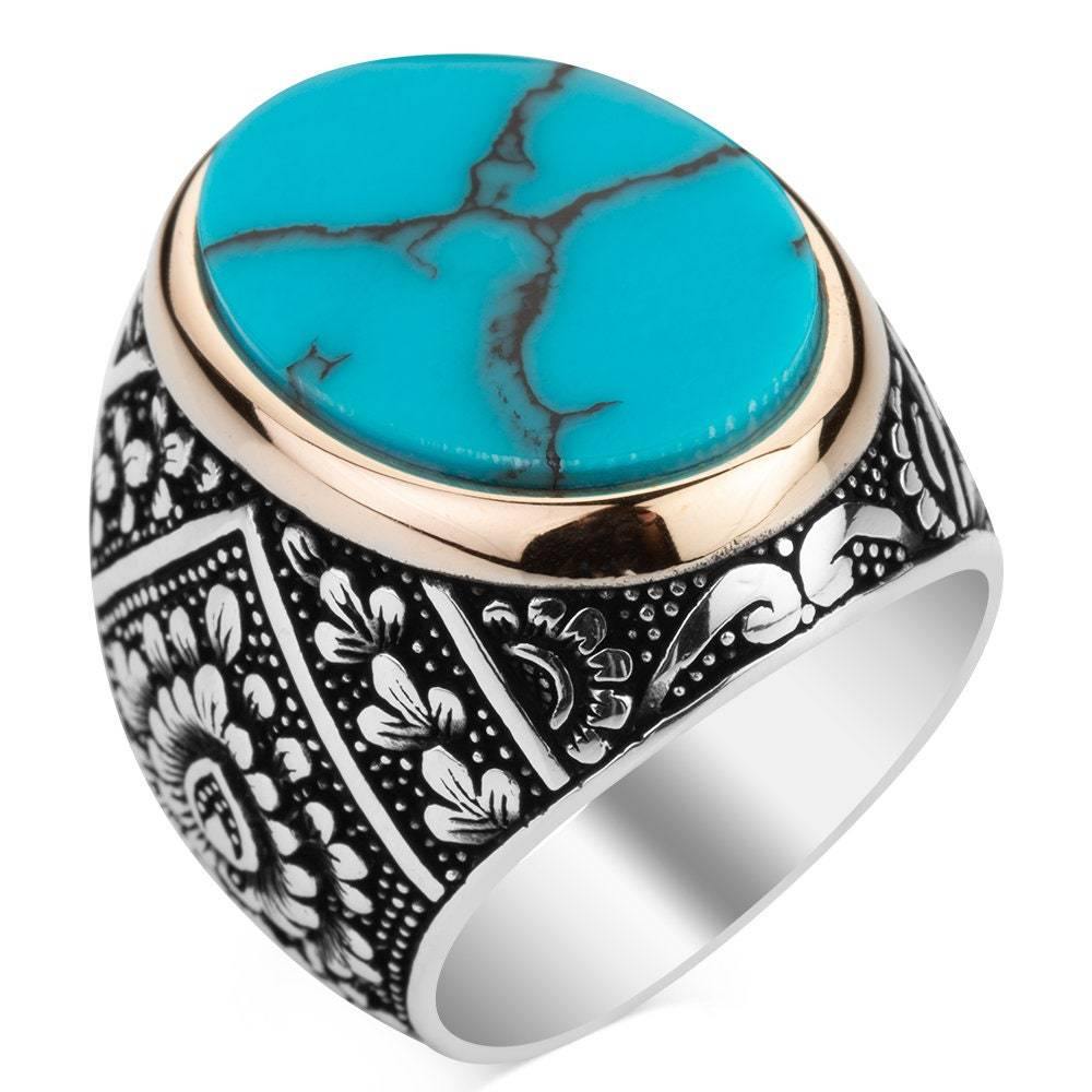 Turquoise Gemstone Ring, Men Vintage Ring - OXO SILVER