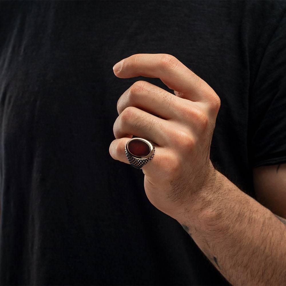Red Agate Gemstone Ring, Men Vintage Ring - OXO SILVER