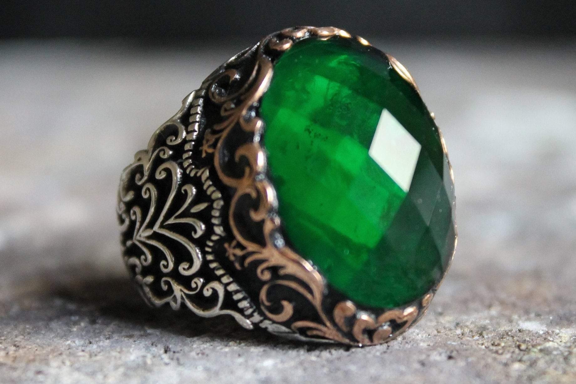 Green Zircon Mens Handmade Ring, Man Vintage Style Ring - OXO SILVER