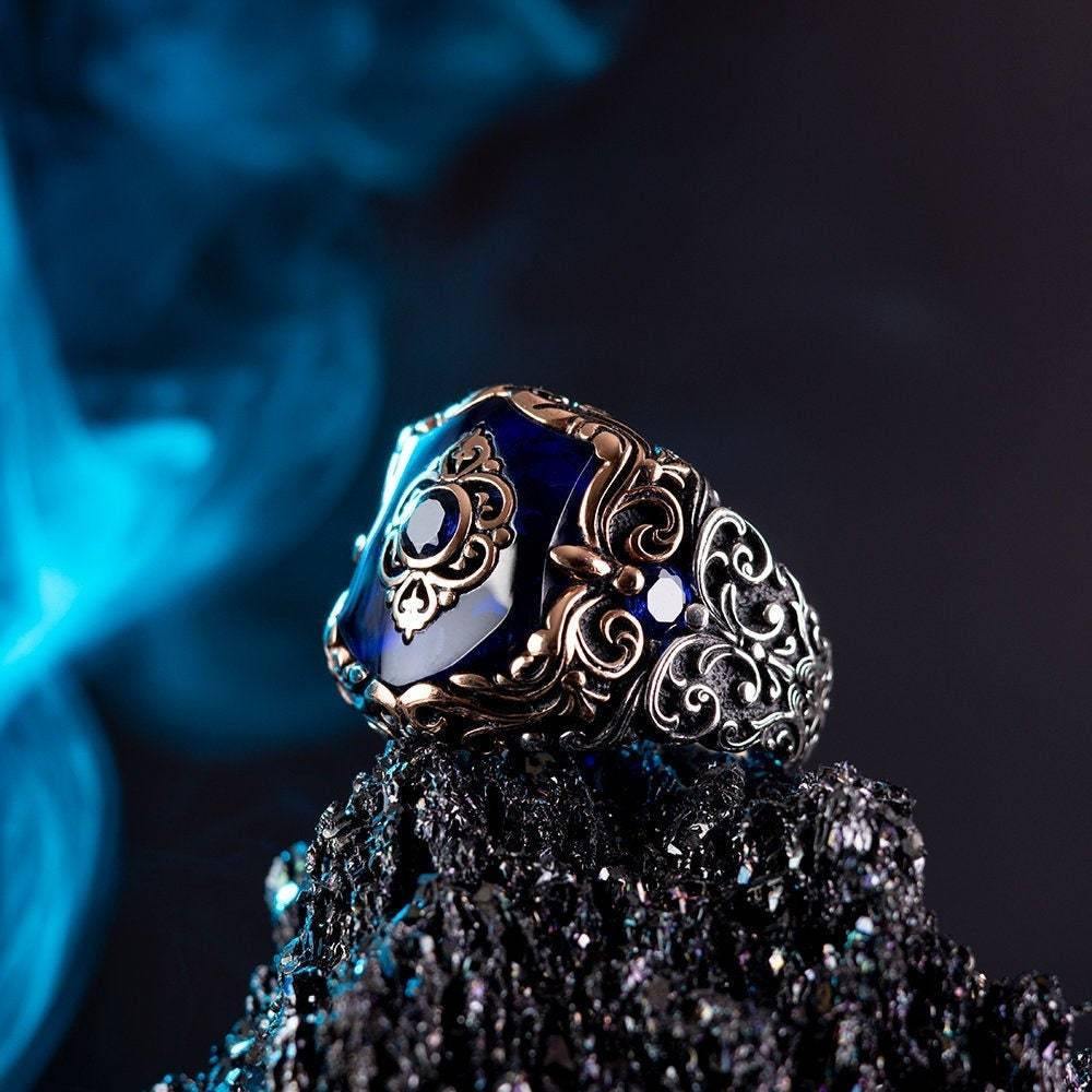 Mens 925k Sterling Silver Ring, Blue Zircon Gemstone Ring - OXO SILVER