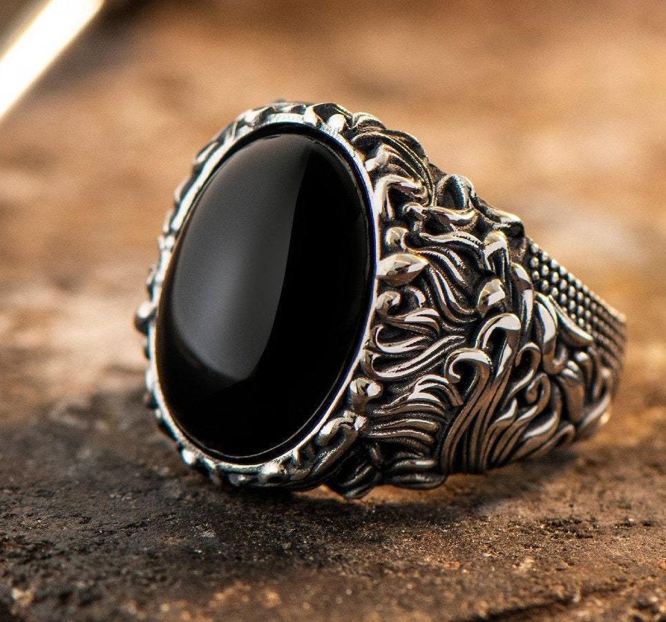 Black Onyx Gemstone Ring, Men Sterling Silver Ring