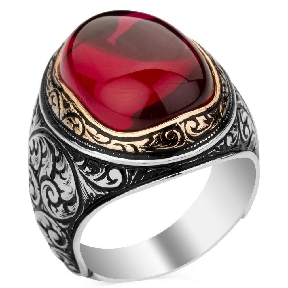 Men Red Agate Ring, Man Statement Ring, Engraved Silver Ring - OXO SILVER