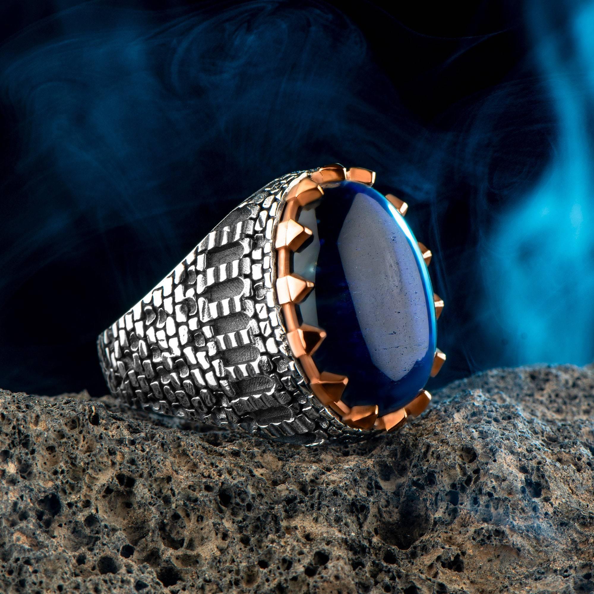 Blue Tiger Eye Gemstone Ring, Men Handmade Silver Ring, Oval Men Ring, - OXO SILVER