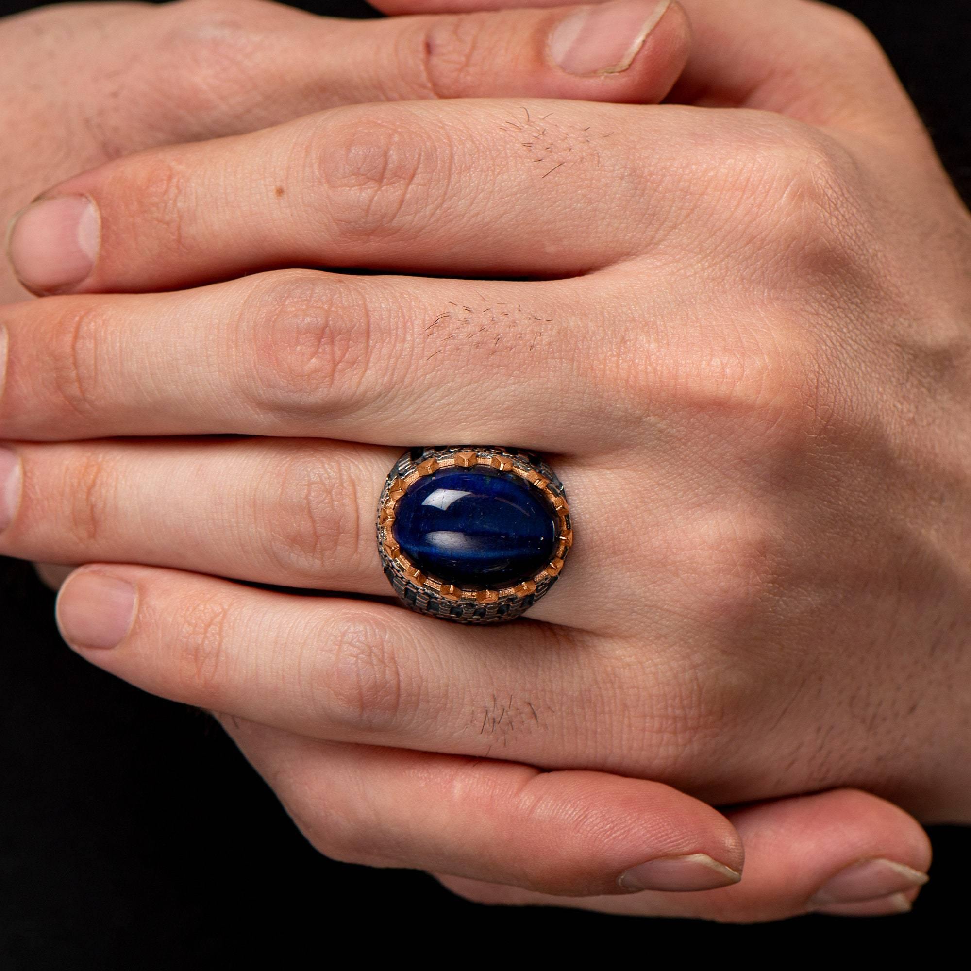 Blue Tiger Eye Gemstone Ring, Men Handmade Silver Ring, Oval Men Ring, - OXO SILVER