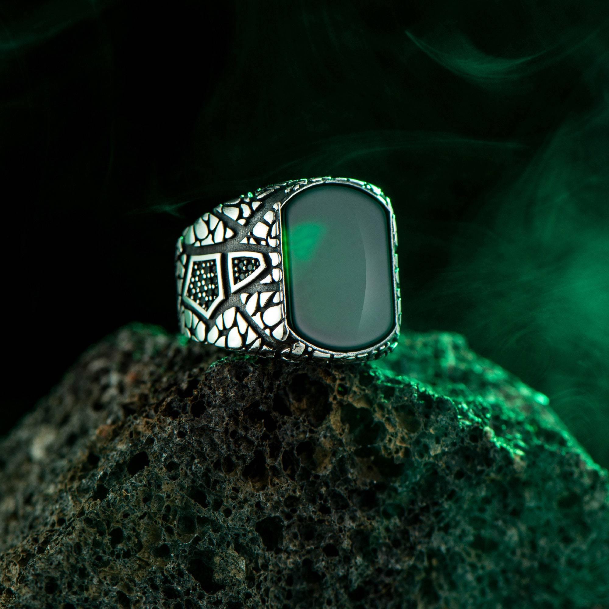 Man Vintage Ring, Green Agate Ring, Square Gemstone Ring - OXO SILVER