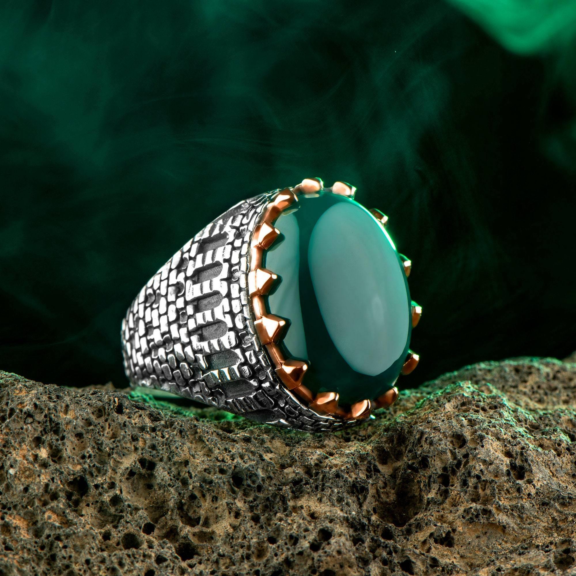 Green Agate Gemstone Ring, Men Engraved Ring, Vintage Castle Style Ring - OXO SILVER