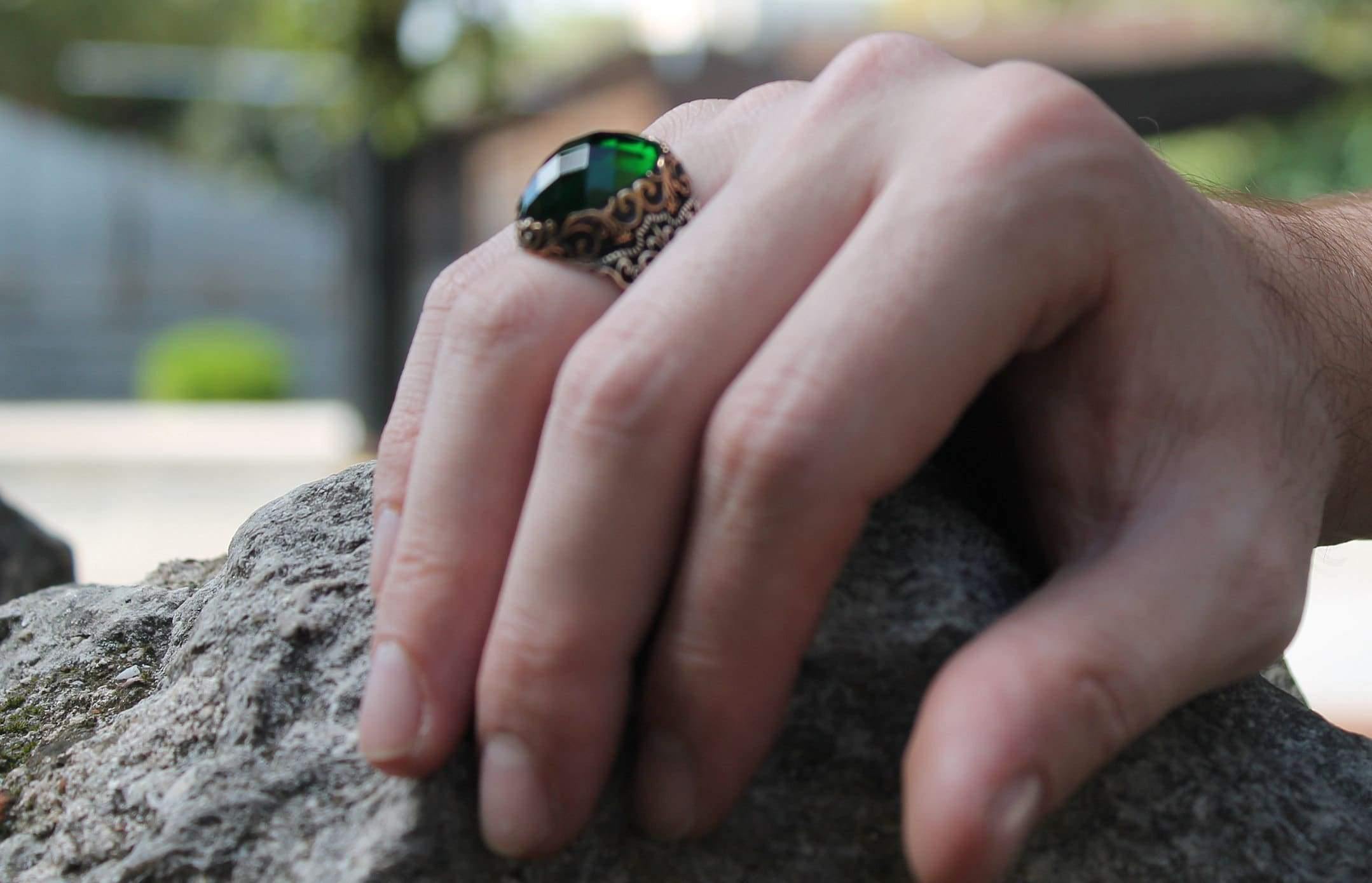 Green Zircon Mens Handmade Ring, Man Vintage Style Ring - OXO SILVER