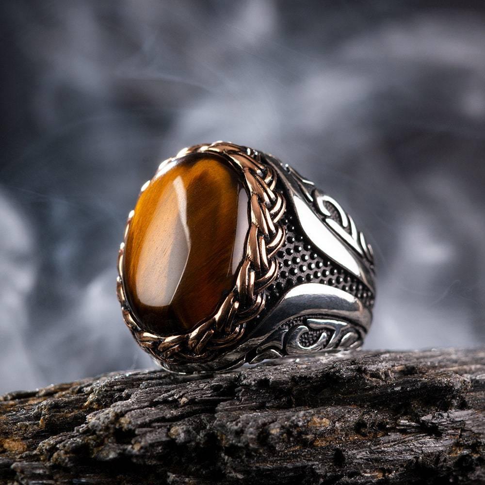 Men Handmade Ring, Blue Tiger Eye Silver Ring, Oval Gemstone Ring - OXO SILVER