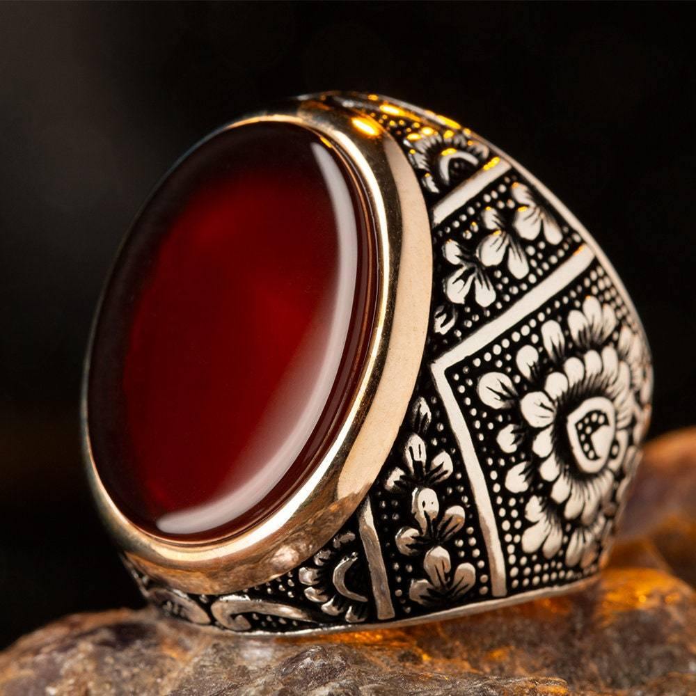 Red Agate Gemstone Ring, Men Sterling Silver Ring - OXO SILVER