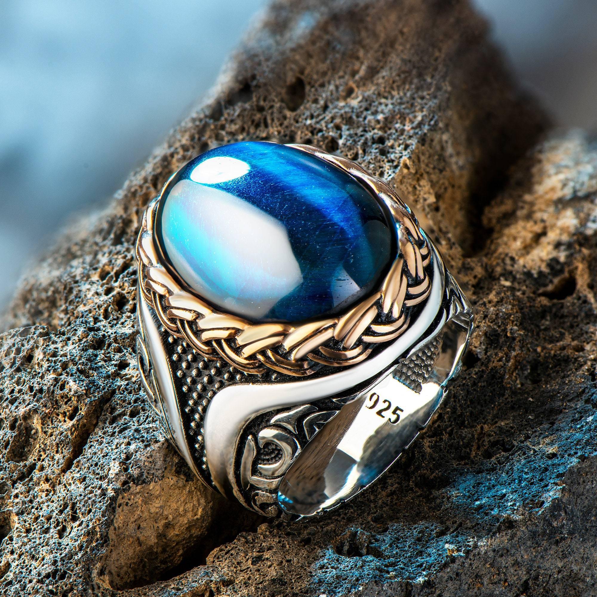 Men Handmade Ring, Blue Tiger Eye Silver Ring, Oval Gemstone Ring - OXO SILVER