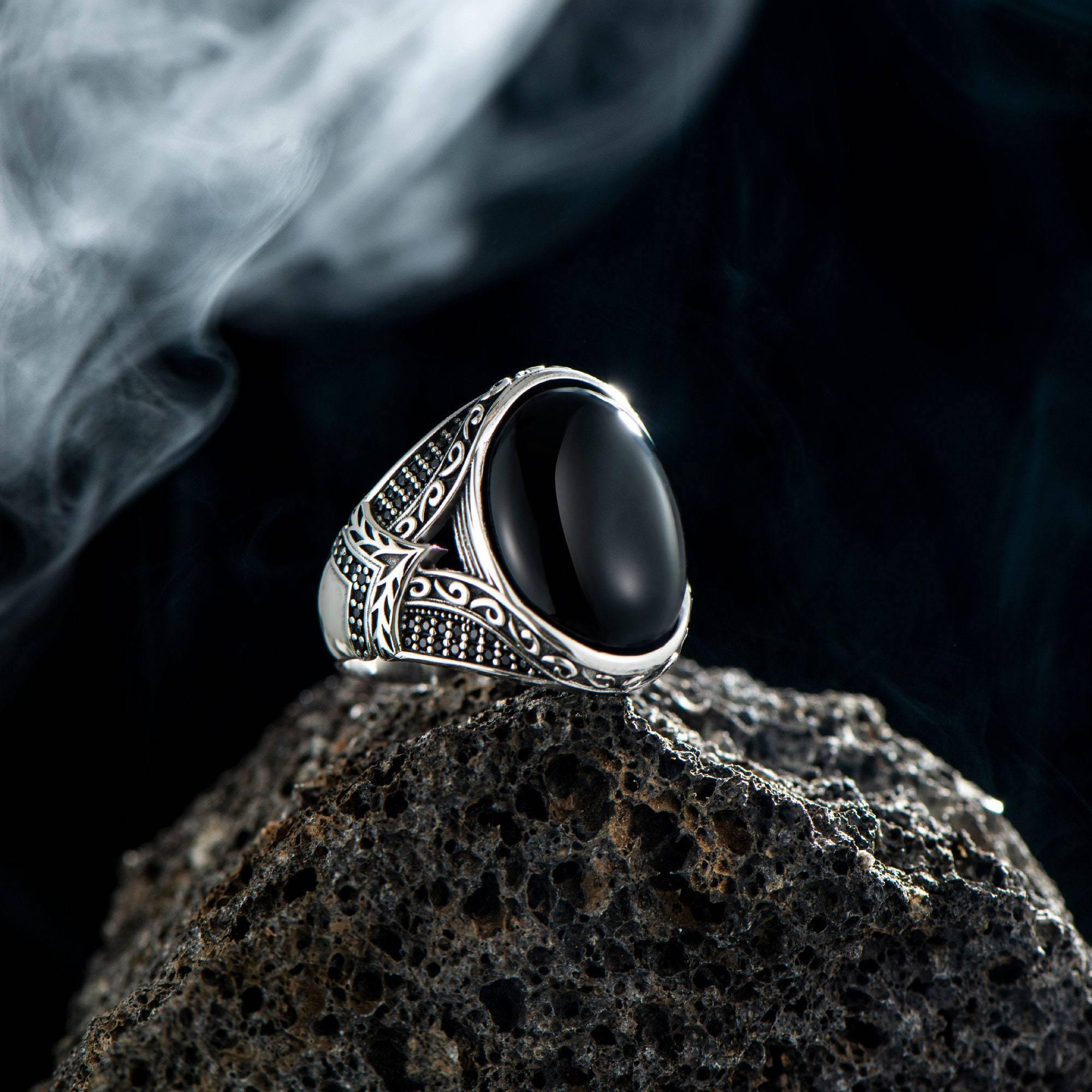 Black Onyx Ring, Oval Gemstone Ring, Black Zircon Stone Ring on the Band - OXO SILVER