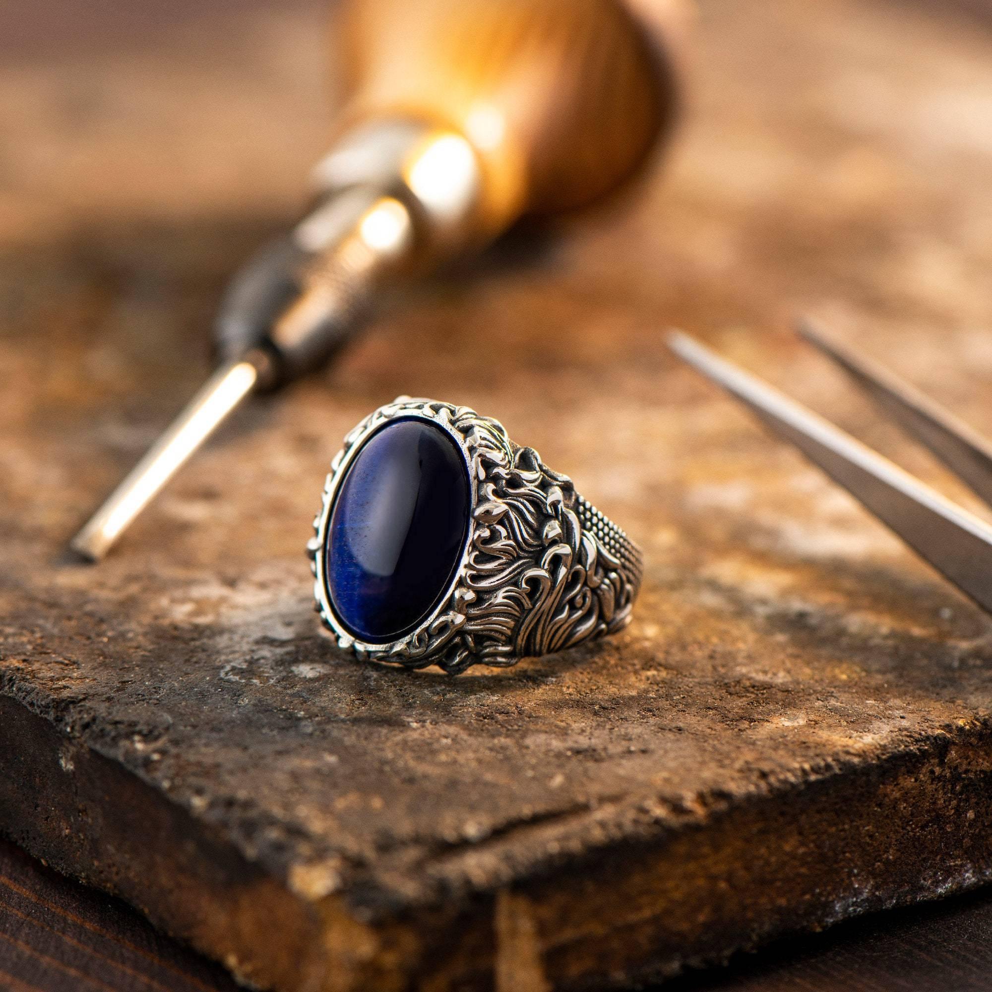 Men Handmade Ring, Blue Tiger Eye Men Ring, Oval Gemstone Sterling Silver Ring - OXO SILVER