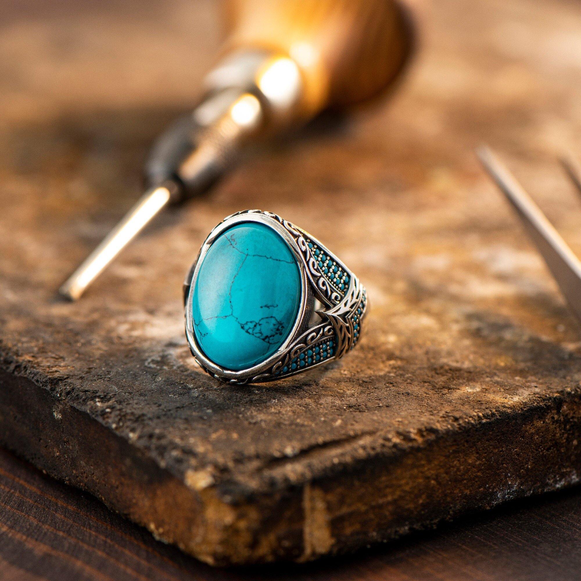 Men Turquoise Silver Ring, Men Oval Gemstone Ring - OXO SILVER